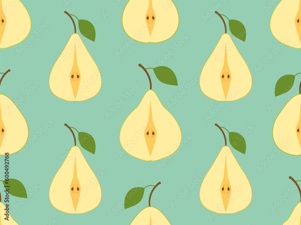 Seamless pattern with pear halves with one leaf. Pear cut in half. Design for printing on fabric, banners and promotional items. Vector illustration Seamless pattern with pear halves with one leaf. Pear cut in half. Design for printing on fabric, banners and promotional items. Vector illustration