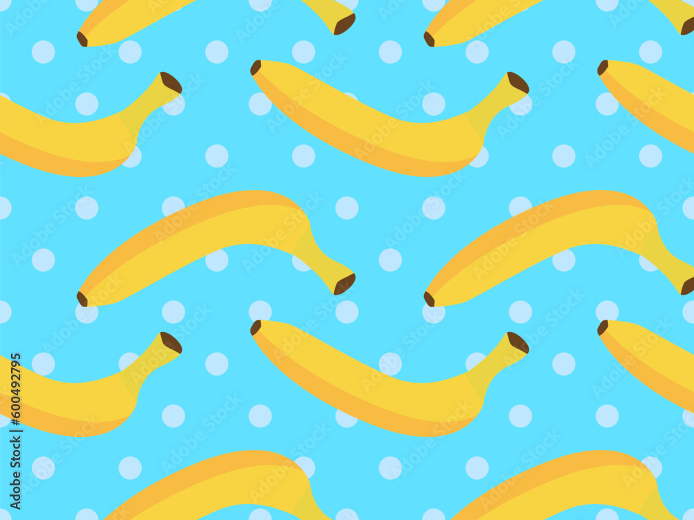 Seamless pattern with yellow bananas on a blue dotted background. Exotic ripe bananas. Design for posters, wrapping paper and wallpapers. Vector illustration Seamless pattern with yellow bananas on a blue dotted background. Exotic ripe bananas. Design for posters, wrapping paper and wallpapers. Vector illustration