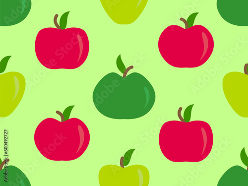 Seamless pattern with red and green apples. Apples with one leaf. Design for printing on fabric, banners and promotional products. Vector illustration