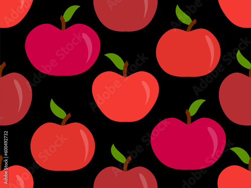 Seamless pattern with red apples on a black background. Red apple with one leaf. Design for printing on fabric, banners and promotional products. Vector illustration