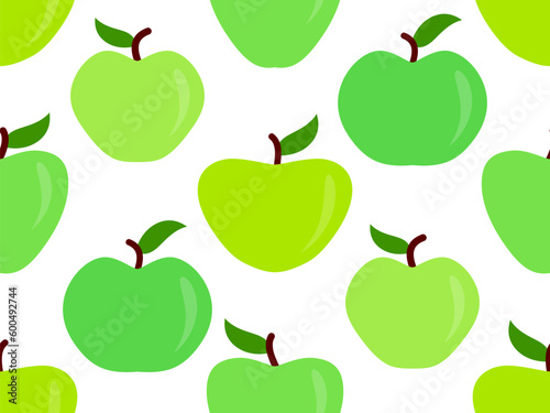Seamless pattern with green apples on a white background. Green apple with one leaf. Design for printing on fabric, banners and promotional products. Vector illustration