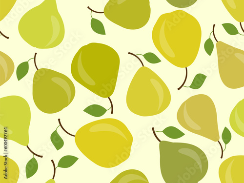 Pears seamless pattern. Green and yellow pears with one leaf. Design for printing on fabric, banners and promotional items. Vector illustration