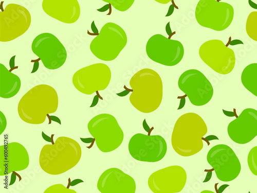 Apples seamless pattern. Green apple with one leaf. Design for printing on fabric, banners and promotional products. Vector illustration