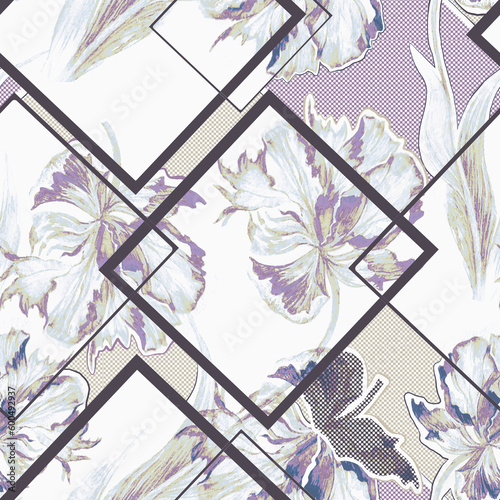 Watercolor realistic tulips with geomertry lines. Monochrome illustration