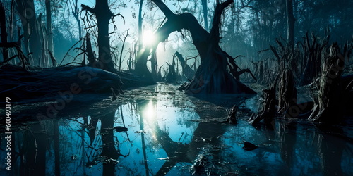 cursed swamp with twisted trees and murky waters, with ghostly apparitions and a full moon casting an eerie glow, evoking a sense of dread and foreboding. Generative AI