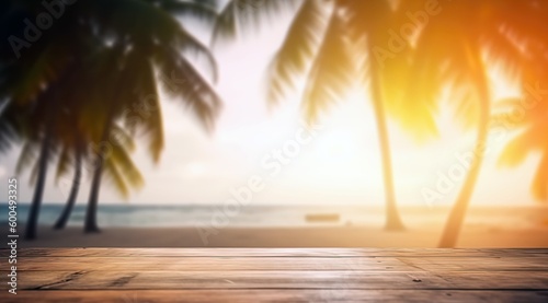 Wooden table on blurred tropical beach background with sunlight bokeh.