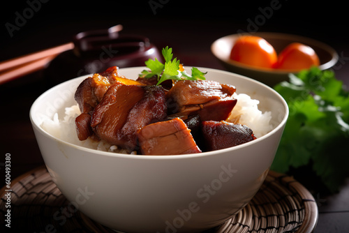 Thit Kho - a braised pork Vietnamese dish served with rice, flavored with fish sauce, sugar, and black pepper, generative AI photo
