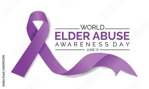 World Elder abuse awareness day June 15 . Banner, poster for awareness of elderly social problem, purple ribbon human cruelty symbol .