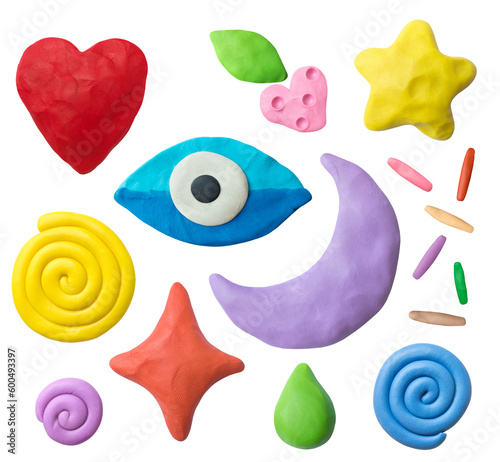 Set of plasticine objects. Handmade hearts, eyes, moons, stars, drops, berries, snails. Modelling clay.