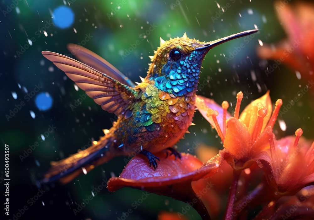 tropical hummingbird, bright wildlife, vibrant blured background, Generative AI tropical hummingbird, bright wildlife, vibrant blured background, Generative AI