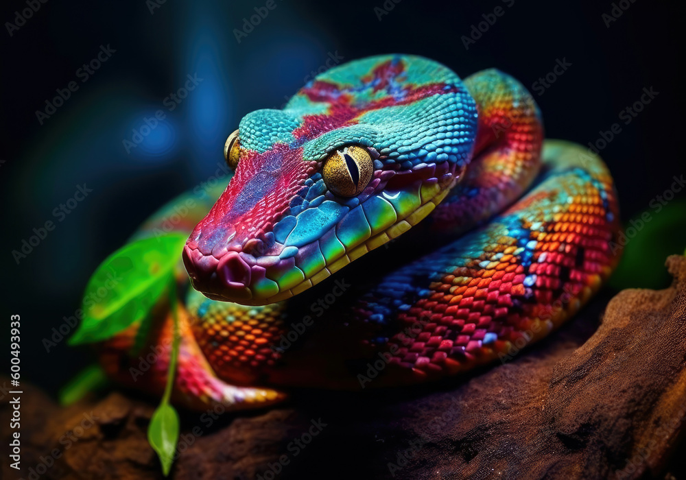 Fototapeta premium tropical boa, bright wildlife, vibrant blured background, Generative AI