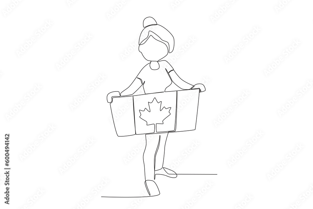 A girl holding a Canadian flag. Canada Day one-line drawing