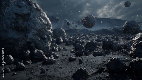 A digital painting of a planet with a large black sphere with a glowing orb in the middle.