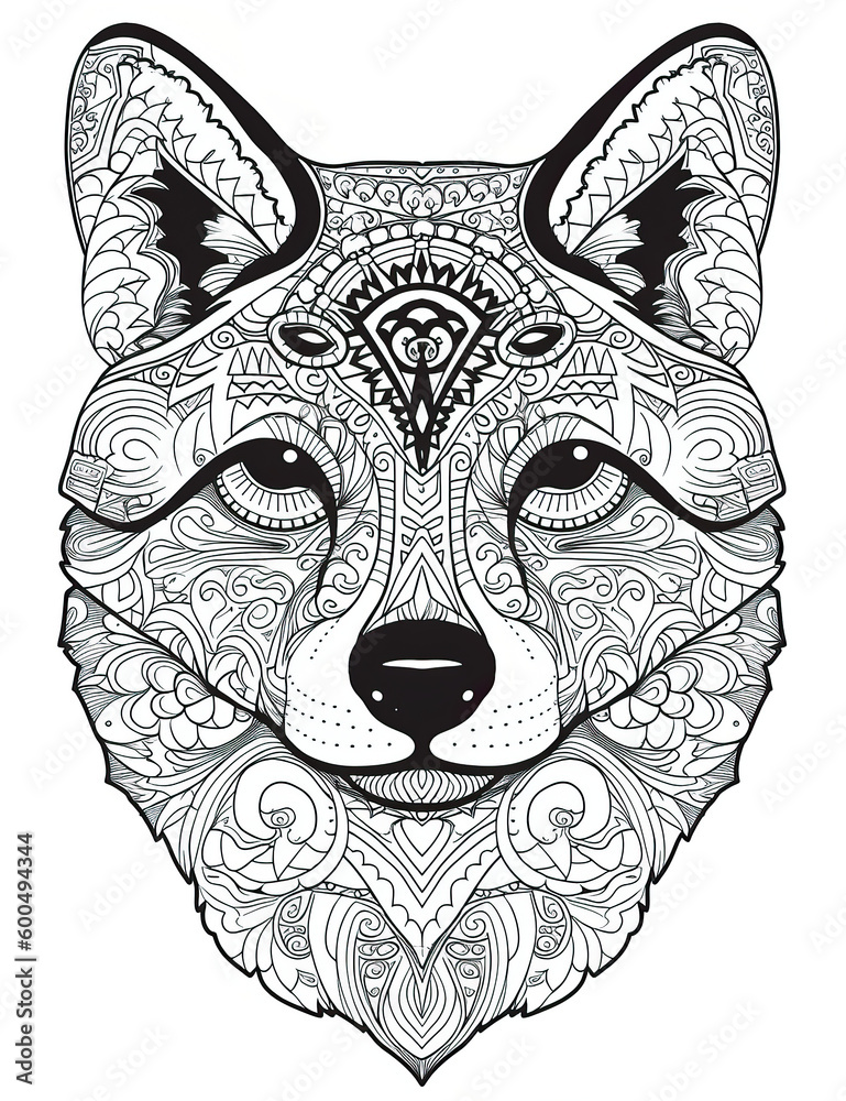 Obraz premium dog, shiba inu head, black white illustration, outline for coloring book page, generative AI coloring card