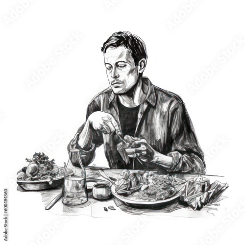 Man eating fruits and veggies - Charcoal drawing - Generative AI