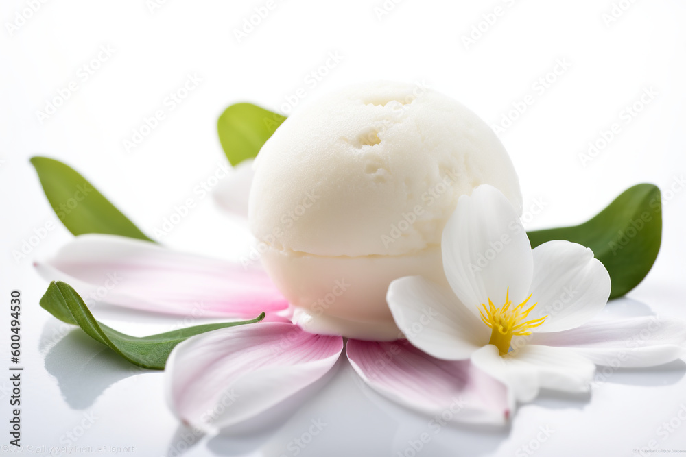 A scoop of ice cream sitting on top of a flower. AI generative. Generative AI A scoop of ice cream sitting on top of a flower. AI generative. Generative AI