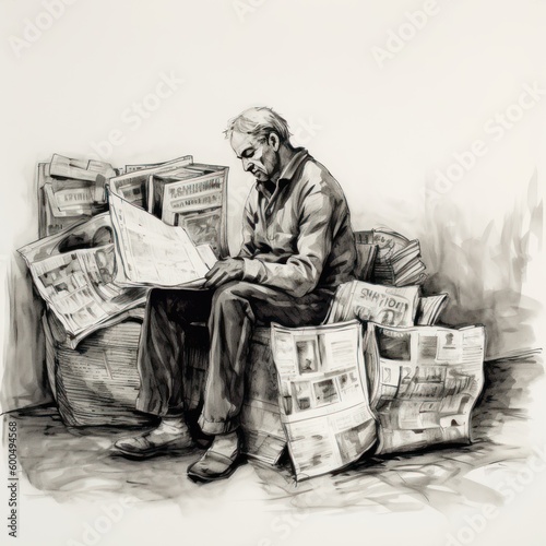Man reading newspaper - Charcoal drawing - Generative AI