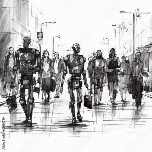 People as robots at street - Charcoal drawing - Generative AI