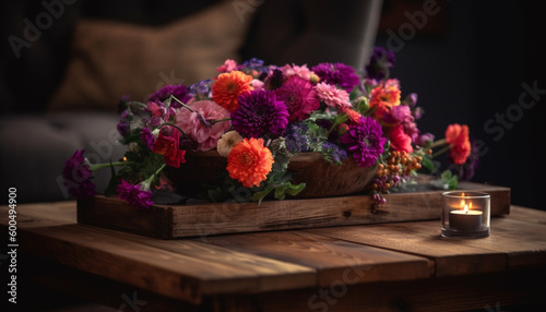 Fresh bouquet on rustic table  candle flame generated by AI