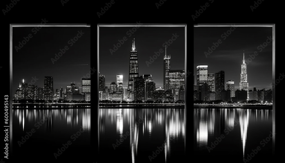 Modern city skyline reflects in waterfront at dusk generated by AI