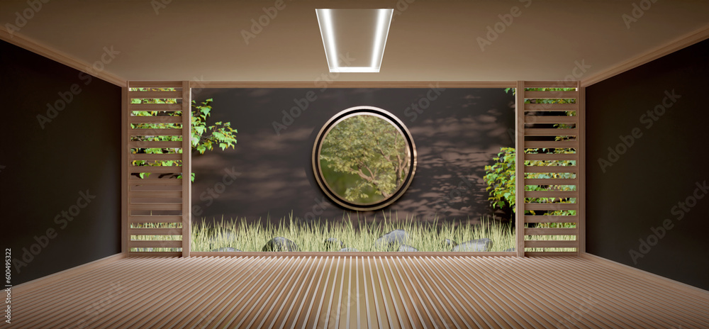 Japanese room open air and Zen garden floor and wall made of wood Japanese garden decoration and the sun cast shadows 3D illustration