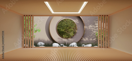 Foto Japanese room open air and Zen garden floor and wall made of wood Japanese garde