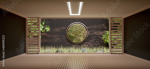 Japanese room open air and Zen garden floor and wall made of wood Japanese garden decoration and the sun cast shadows 3D illustration
