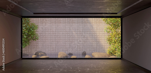 open air Japanese room Pond and zen garden The floor and walls are made of wood Japanese garden decoration and sun shadow 3d illustration photo