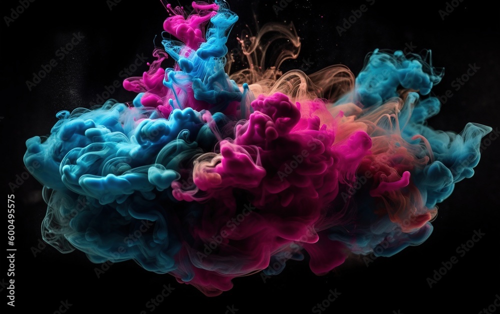 ink splash, pink and blue into the water, abstract wallpaper with black background. Generative AI. ink splash, pink and blue into the water, abstract wallpaper with black background. Generative AI.