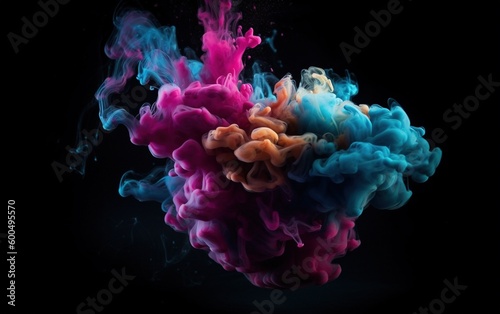 ink splash, pink and blue into the water, abstract wallpaper with black background. Generative AI.