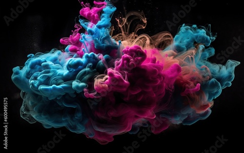 ink splash, pink and blue into the water, abstract wallpaper with black background. Generative AI.