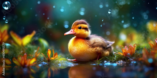 duck bird  bright wildlife  vibrant blured background  Generative AI