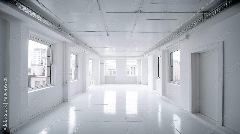 A white room with windows and a white floor
