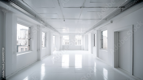 A white room with windows and a white floor