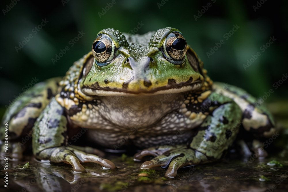 A frog sits in a pool of water. A frog sits in a pool of water.