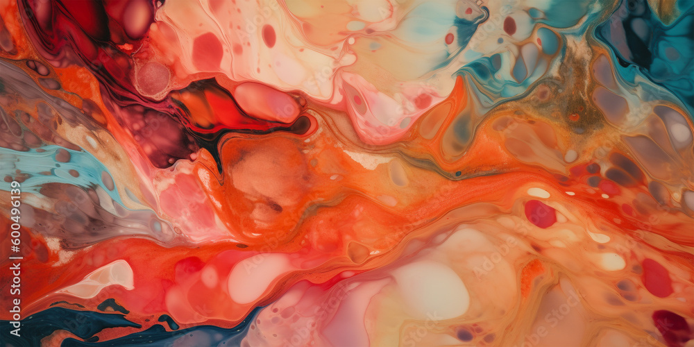 Abstract red, orange, blue and yellow alcohol ink art background. Generative AI illustration