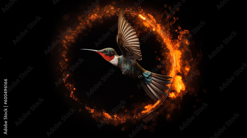 Obraz premium A fire ring with a hummingbird flying in it
