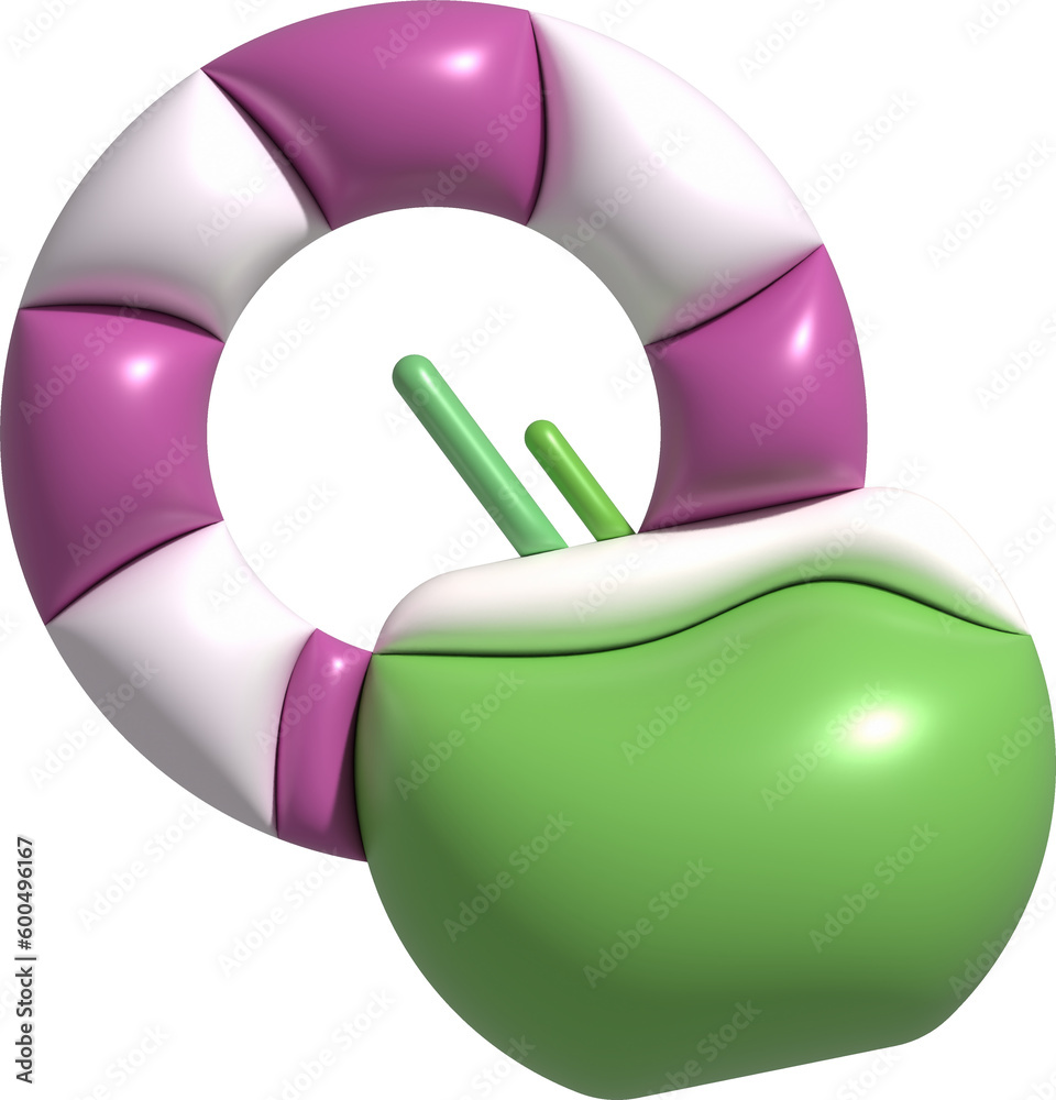 illustration 3D. Set of rubber rings and summer coconuts for design.