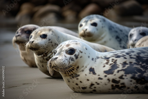 Three seals on a beach, one of which is black and white.
