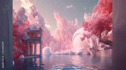 A pink painting of a castle in the water. generative ai