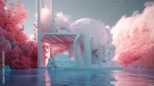 A pink and white house with a large dome in the middle of it. generative ai