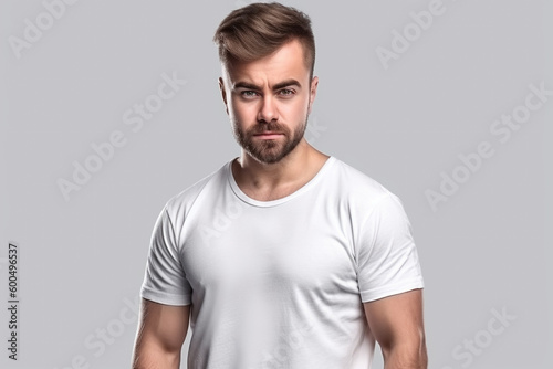 A man in a white tshirt stands in front of a grey background.