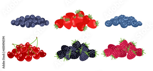 Set of different berry heap. Vector cartoon illustration of raspberry, strawberry, blueberry, cherry, bilberry and blackberry. Fruit flat icons.