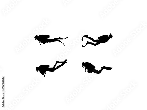 Scuba diving vector design and illustration. Scuba diving silhouettes. Collection of scuba diver silhouettes in various poses isolated on white background.
