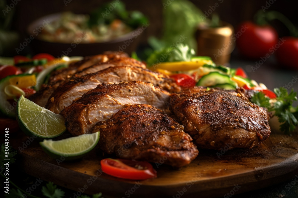 A plate of grilled pork with vegetables and tomatoes A plate of grilled pork with vegetables and tomatoes