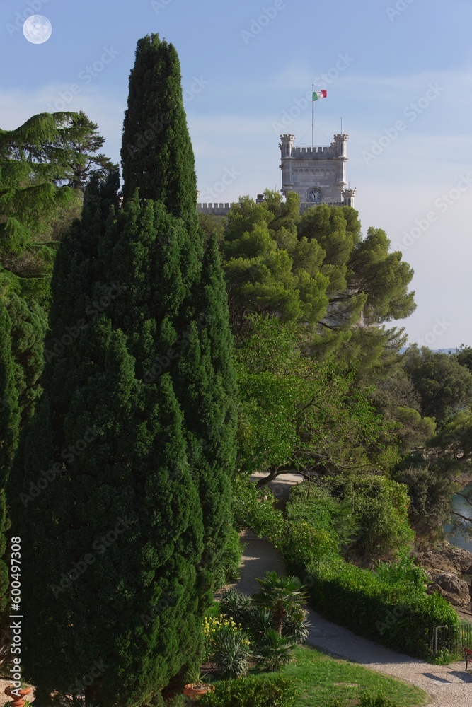 Italian Cypress and Pine Trees with Miramare Castle in the Background