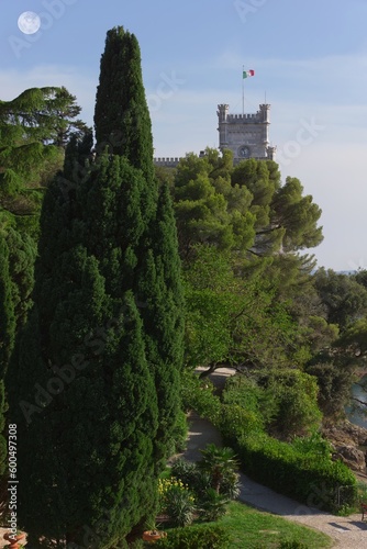 Italian Cypress and Pine Trees with Miramare Castle in the Background