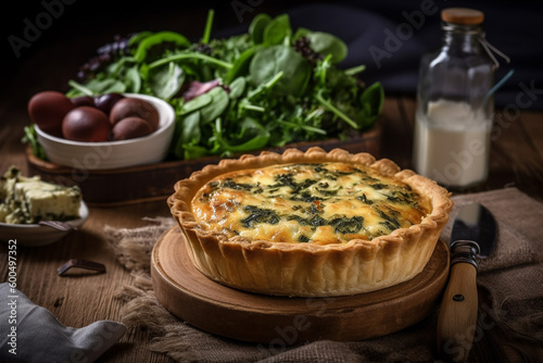 A quiche with a side of vegetables on a table