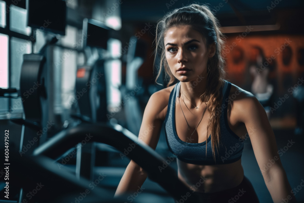 Fototapeta premium A woman is working out on a treadmill in a gym.
