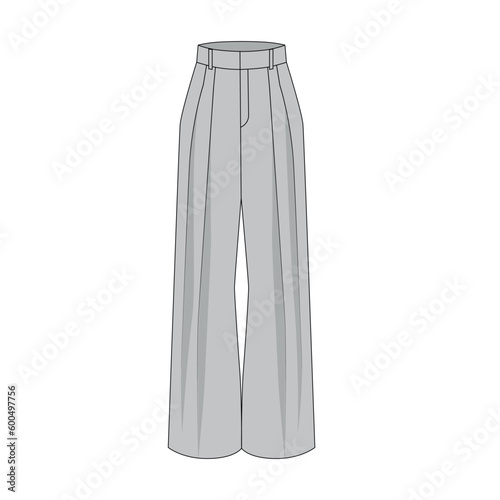 Vector illustration of wide leg pants with tucks and pockets. High waisted trousers tech sketch, vector. Template of fashion trousers with wide legs.